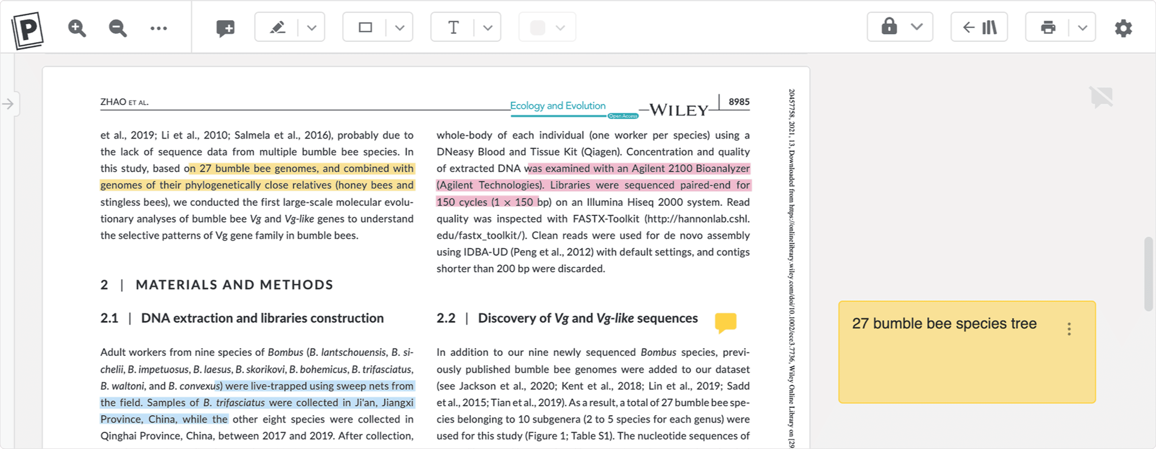 A paper open in the Paperpile PDF viewer with several passages highlighted in yellow and blue, a sticky note reading “27 bumble bee species tree” in the comments panel, and the annotation toolbar across the top.